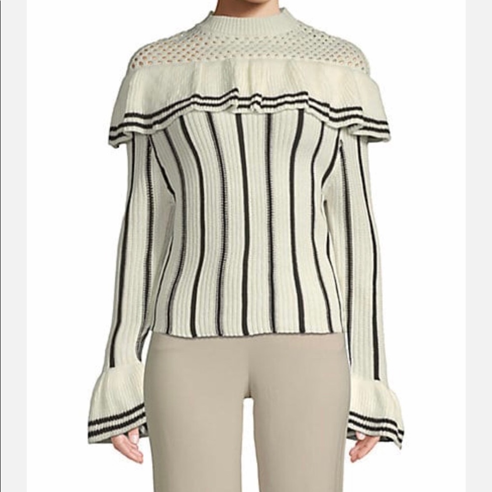 New Haute Rogue stripe ruffle sweater.